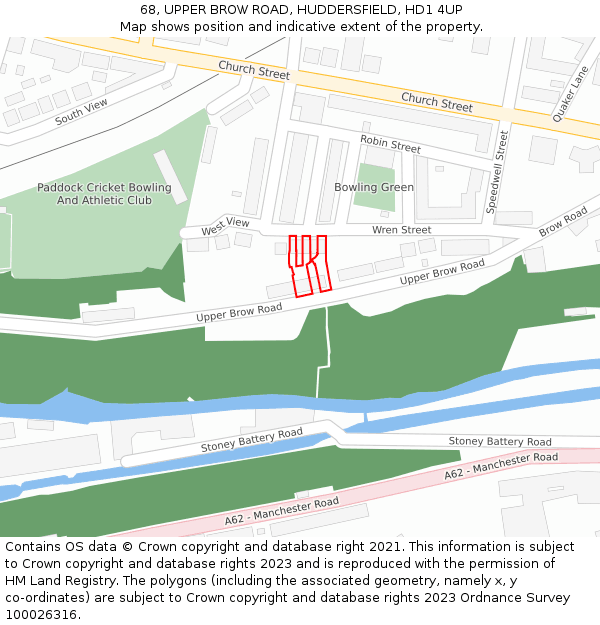 68, UPPER BROW ROAD, HUDDERSFIELD, HD1 4UP: Location map and indicative extent of plot