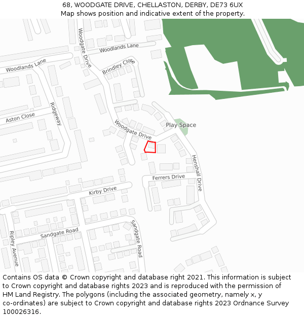 68, WOODGATE DRIVE, CHELLASTON, DERBY, DE73 6UX: Location map and indicative extent of plot
