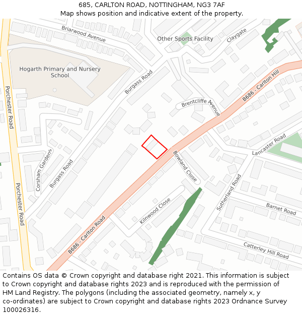 685, CARLTON ROAD, NOTTINGHAM, NG3 7AF: Location map and indicative extent of plot