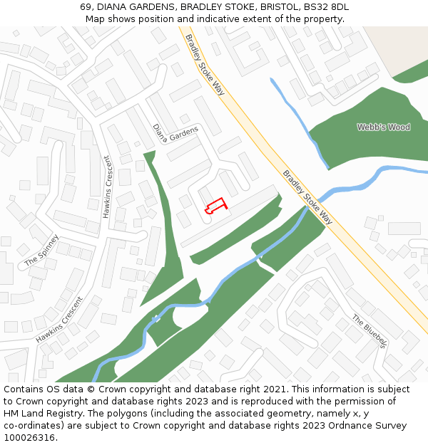 69, DIANA GARDENS, BRADLEY STOKE, BRISTOL, BS32 8DL: Location map and indicative extent of plot