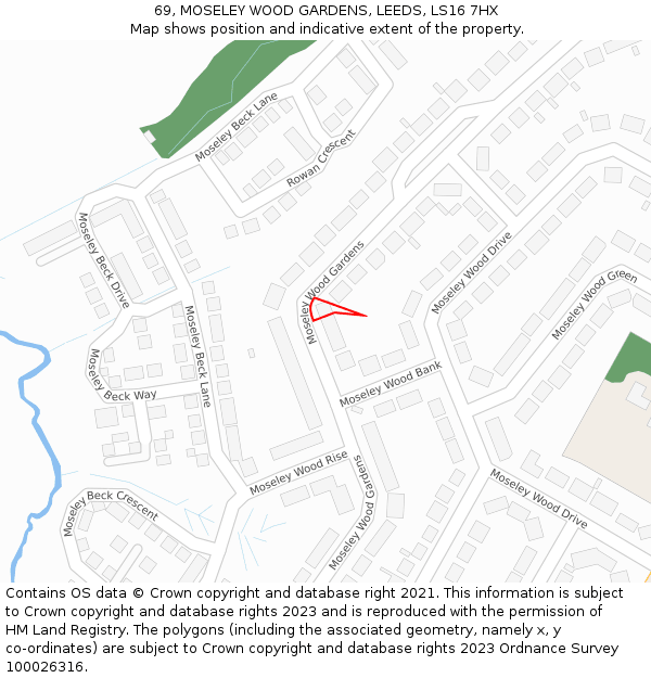 69, MOSELEY WOOD GARDENS, LEEDS, LS16 7HX: Location map and indicative extent of plot