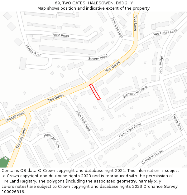69, TWO GATES, HALESOWEN, B63 2HY: Location map and indicative extent of plot