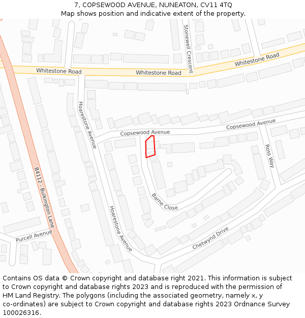 7, COPSEWOOD AVENUE, NUNEATON, CV11 4TQ: Location map and indicative extent of plot