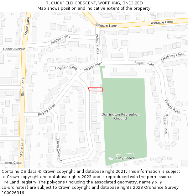 7, CUCKFIELD CRESCENT, WORTHING, BN13 2ED: Location map and indicative extent of plot