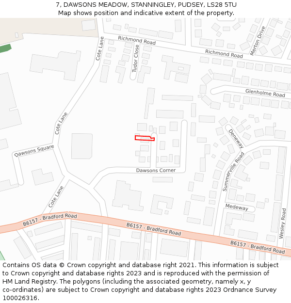 7, DAWSONS MEADOW, STANNINGLEY, PUDSEY, LS28 5TU: Location map and indicative extent of plot