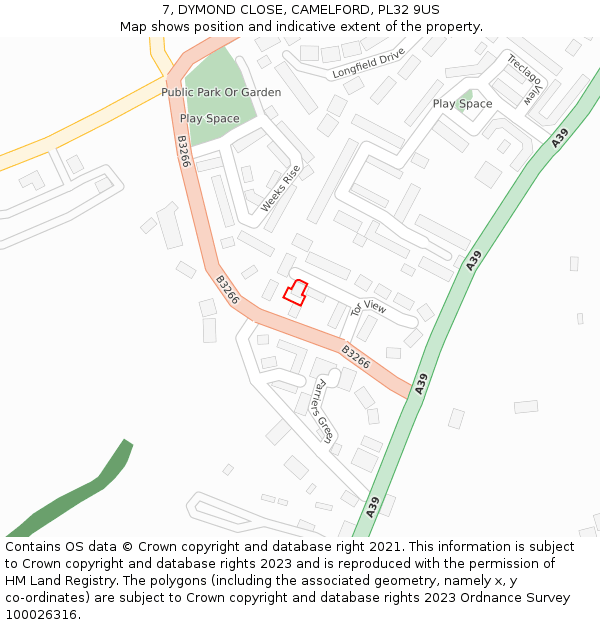 7, DYMOND CLOSE, CAMELFORD, PL32 9US: Location map and indicative extent of plot