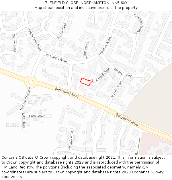 7, ENFIELD CLOSE, NORTHAMPTON, NN5 6XY: Location map and indicative extent of plot
