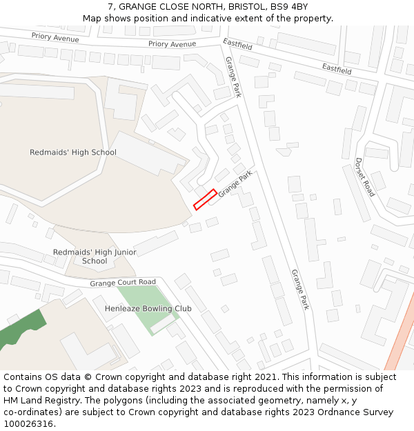 7, GRANGE CLOSE NORTH, BRISTOL, BS9 4BY: Location map and indicative extent of plot