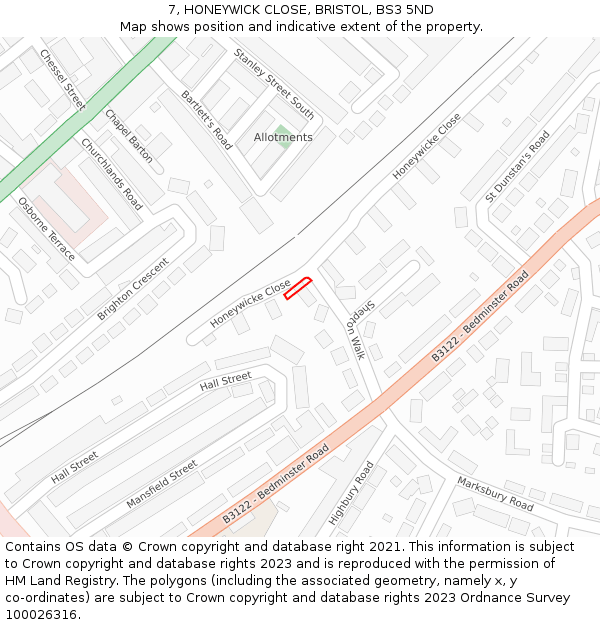7, HONEYWICK CLOSE, BRISTOL, BS3 5ND: Location map and indicative extent of plot