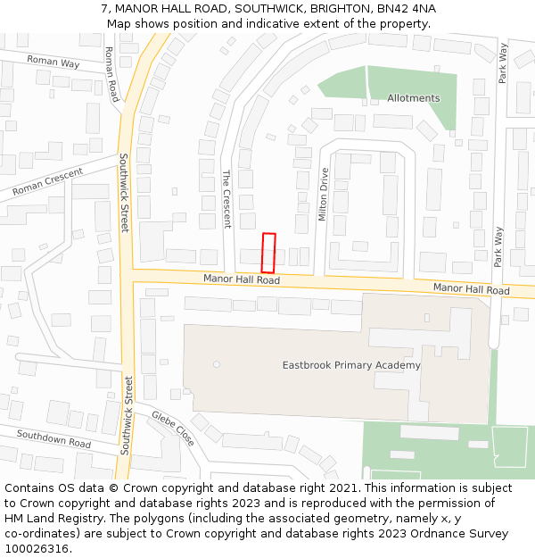 7, MANOR HALL ROAD, SOUTHWICK, BRIGHTON, BN42 4NA: Location map and indicative extent of plot
