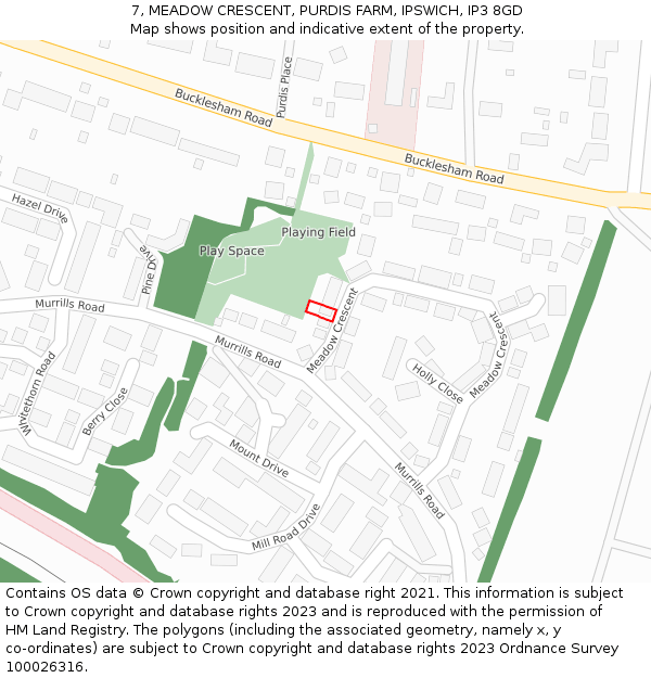 7, MEADOW CRESCENT, PURDIS FARM, IPSWICH, IP3 8GD: Location map and indicative extent of plot