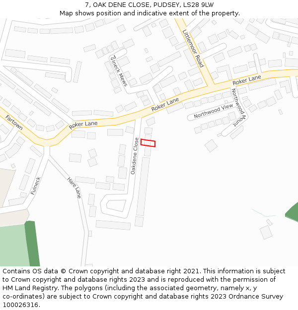 7, OAK DENE CLOSE, PUDSEY, LS28 9LW: Location map and indicative extent of plot