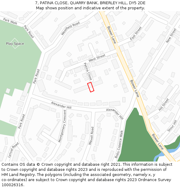 7, PATINA CLOSE, QUARRY BANK, BRIERLEY HILL, DY5 2DE: Location map and indicative extent of plot