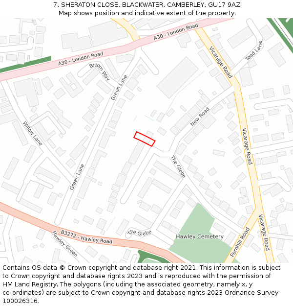 7, SHERATON CLOSE, BLACKWATER, CAMBERLEY, GU17 9AZ: Location map and indicative extent of plot