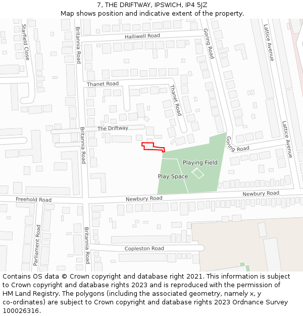 7, THE DRIFTWAY, IPSWICH, IP4 5JZ: Location map and indicative extent of plot
