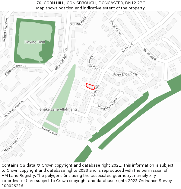 70, CORN HILL, CONISBROUGH, DONCASTER, DN12 2BG: Location map and indicative extent of plot