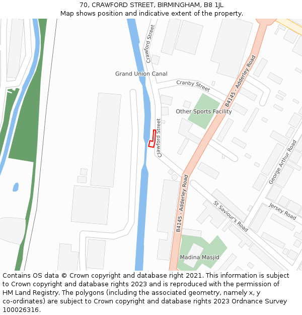 70, CRAWFORD STREET, BIRMINGHAM, B8 1JL: Location map and indicative extent of plot