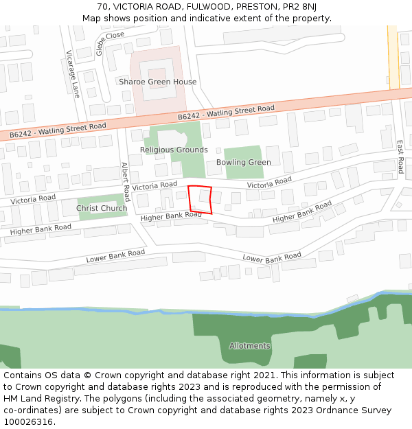 70, VICTORIA ROAD, FULWOOD, PRESTON, PR2 8NJ: Location map and indicative extent of plot
