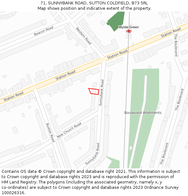 71, SUNNYBANK ROAD, SUTTON COLDFIELD, B73 5RL: Location map and indicative extent of plot