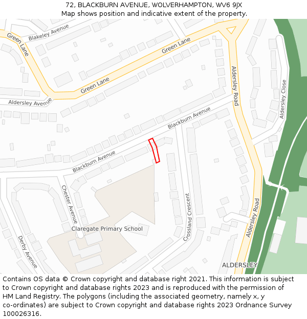 72, BLACKBURN AVENUE, WOLVERHAMPTON, WV6 9JX: Location map and indicative extent of plot