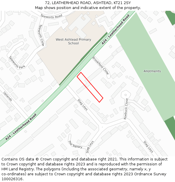 72, LEATHERHEAD ROAD, ASHTEAD, KT21 2SY: Location map and indicative extent of plot