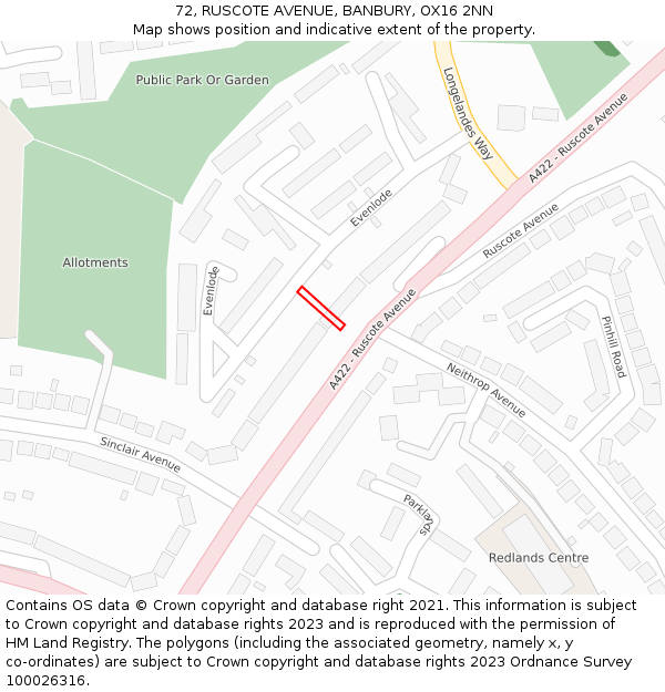 72, RUSCOTE AVENUE, BANBURY, OX16 2NN: Location map and indicative extent of plot