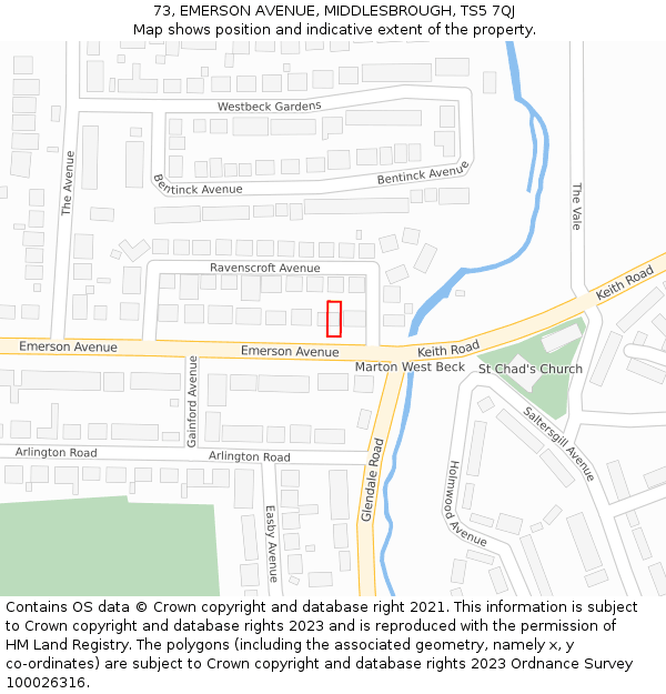 73, EMERSON AVENUE, MIDDLESBROUGH, TS5 7QJ: Location map and indicative extent of plot