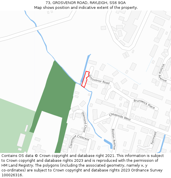 73, GROSVENOR ROAD, RAYLEIGH, SS6 9GA: Location map and indicative extent of plot