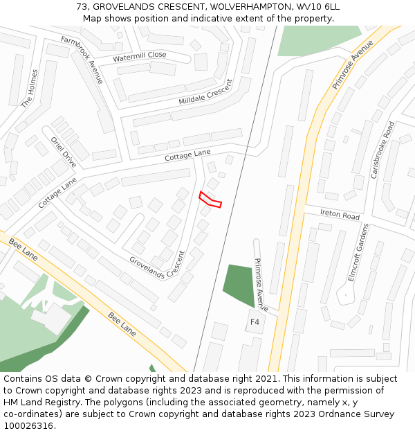 73, GROVELANDS CRESCENT, WOLVERHAMPTON, WV10 6LL: Location map and indicative extent of plot