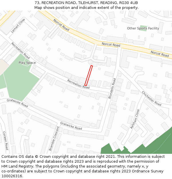 73, RECREATION ROAD, TILEHURST, READING, RG30 4UB: Location map and indicative extent of plot