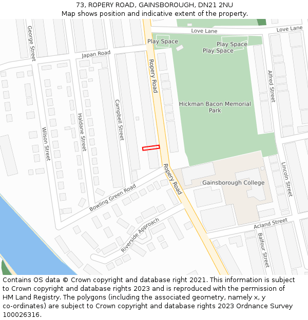 73, ROPERY ROAD, GAINSBOROUGH, DN21 2NU: Location map and indicative extent of plot