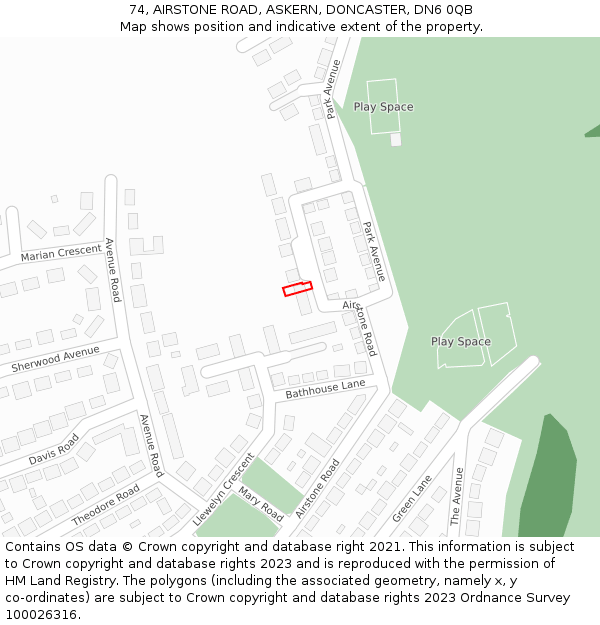 74, AIRSTONE ROAD, ASKERN, DONCASTER, DN6 0QB: Location map and indicative extent of plot