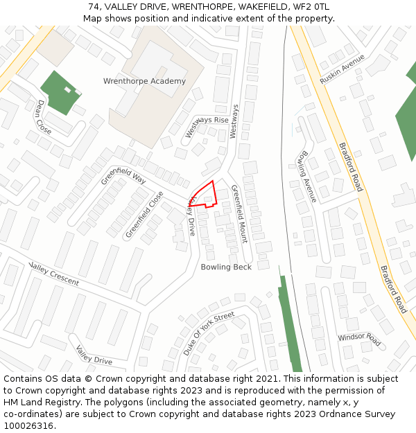 74, VALLEY DRIVE, WRENTHORPE, WAKEFIELD, WF2 0TL: Location map and indicative extent of plot