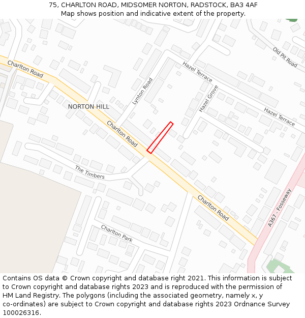 75, CHARLTON ROAD, MIDSOMER NORTON, RADSTOCK, BA3 4AF: Location map and indicative extent of plot