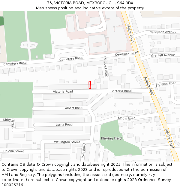75, VICTORIA ROAD, MEXBOROUGH, S64 9BX: Location map and indicative extent of plot