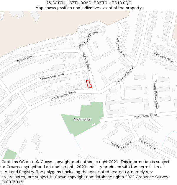 75, WITCH HAZEL ROAD, BRISTOL, BS13 0QG: Location map and indicative extent of plot