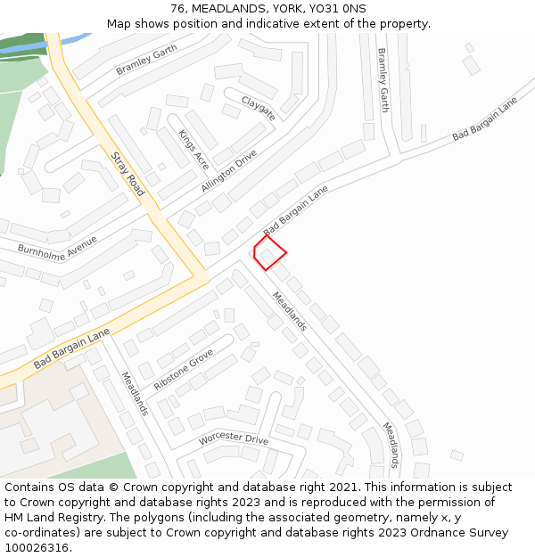 76, MEADLANDS, YORK, YO31 0NS: Location map and indicative extent of plot