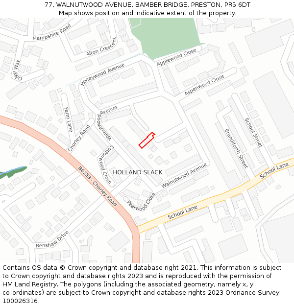 77, WALNUTWOOD AVENUE, BAMBER BRIDGE, PRESTON, PR5 6DT: Location map and indicative extent of plot