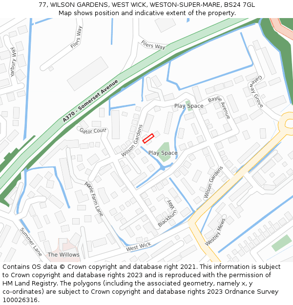 77, WILSON GARDENS, WEST WICK, WESTON-SUPER-MARE, BS24 7GL: Location map and indicative extent of plot