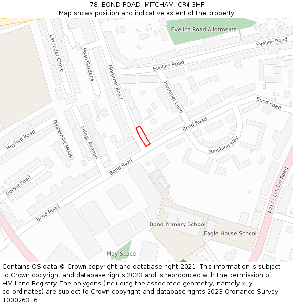 78, BOND ROAD, MITCHAM, CR4 3HF: Location map and indicative extent of plot