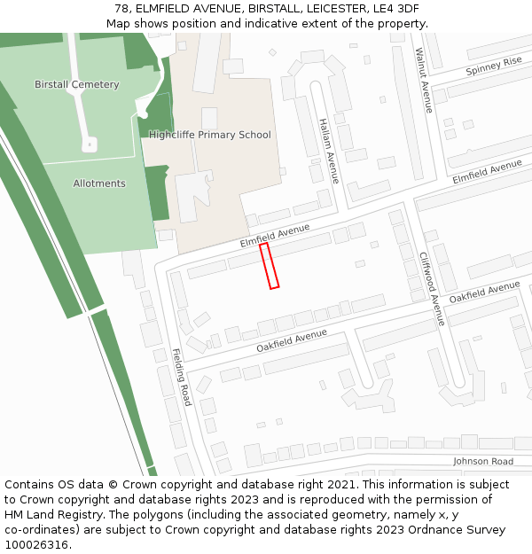 78, ELMFIELD AVENUE, BIRSTALL, LEICESTER, LE4 3DF: Location map and indicative extent of plot
