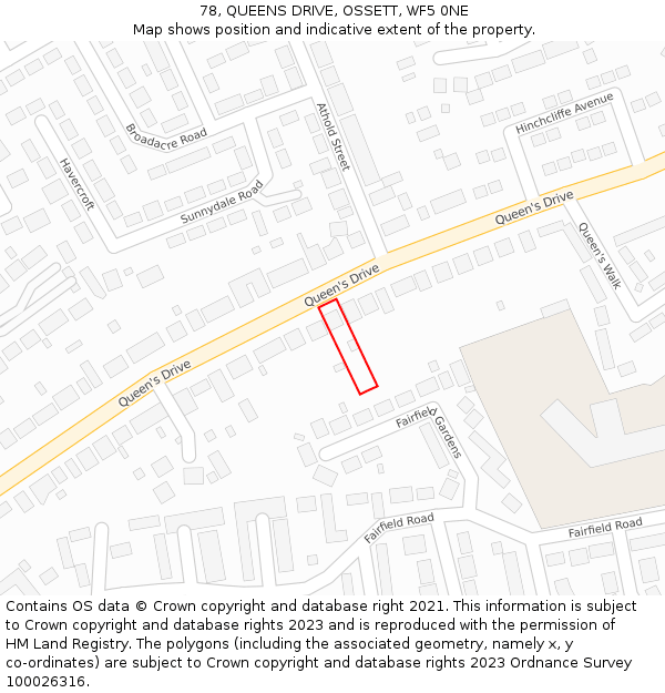 78, QUEENS DRIVE, OSSETT, WF5 0NE: Location map and indicative extent of plot