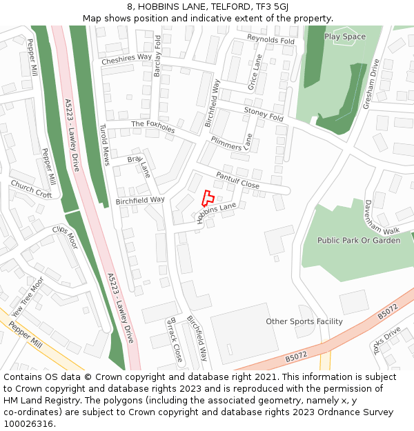 8, HOBBINS LANE, TELFORD, TF3 5GJ: Location map and indicative extent of plot