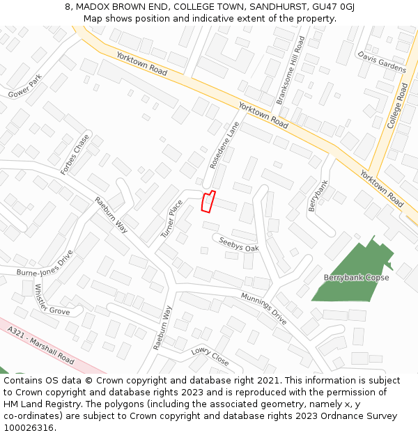 8, MADOX BROWN END, COLLEGE TOWN, SANDHURST, GU47 0GJ: Location map and indicative extent of plot