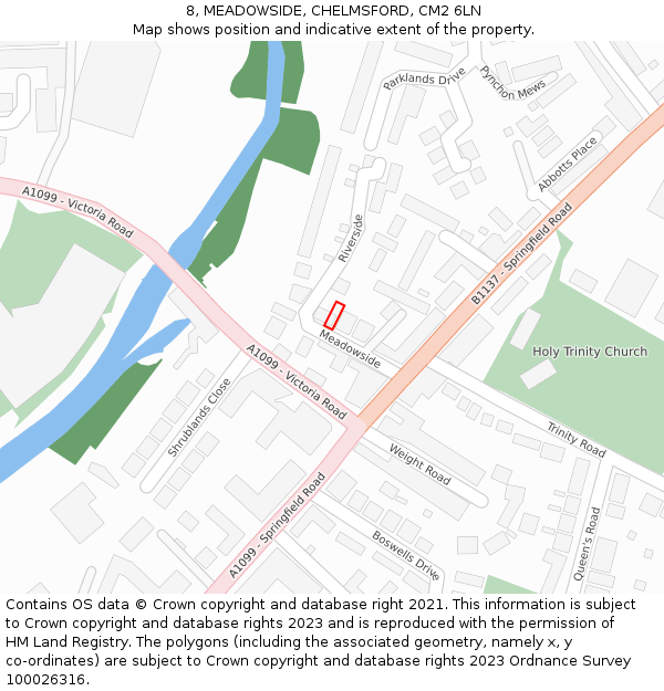 8, MEADOWSIDE, CHELMSFORD, CM2 6LN: Location map and indicative extent of plot