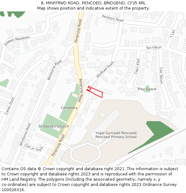 8, MINFFRWD ROAD, PENCOED, BRIDGEND, CF35 6RL: Location map and indicative extent of plot
