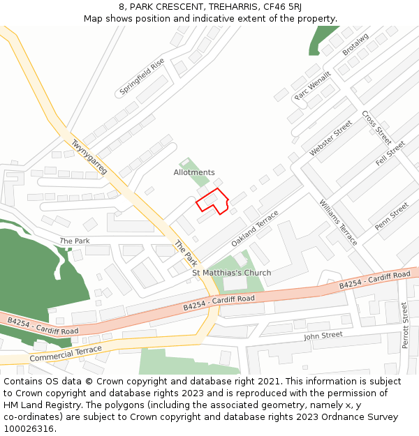 8, PARK CRESCENT, TREHARRIS, CF46 5RJ: Location map and indicative extent of plot