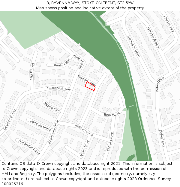 8, RAVENNA WAY, STOKE-ON-TRENT, ST3 5YW: Location map and indicative extent of plot