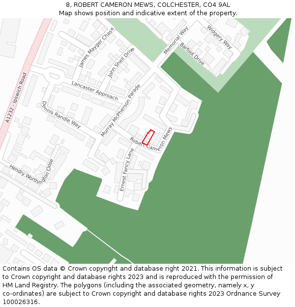 8, ROBERT CAMERON MEWS, COLCHESTER, CO4 9AL: Location map and indicative extent of plot