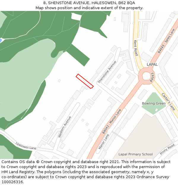 8, SHENSTONE AVENUE, HALESOWEN, B62 8QA: Location map and indicative extent of plot